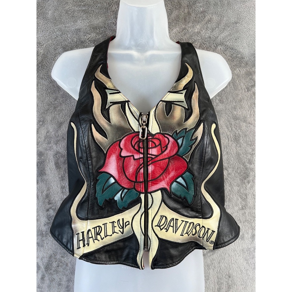 Harley-Davidson Leather Halter Vest Womens XL Black Rose Embroidered Zip Front